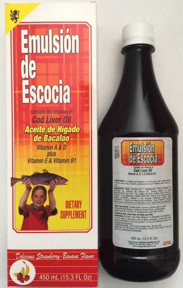 Etiqueta y botellas del aceite de hígado de bacalao 2-pack