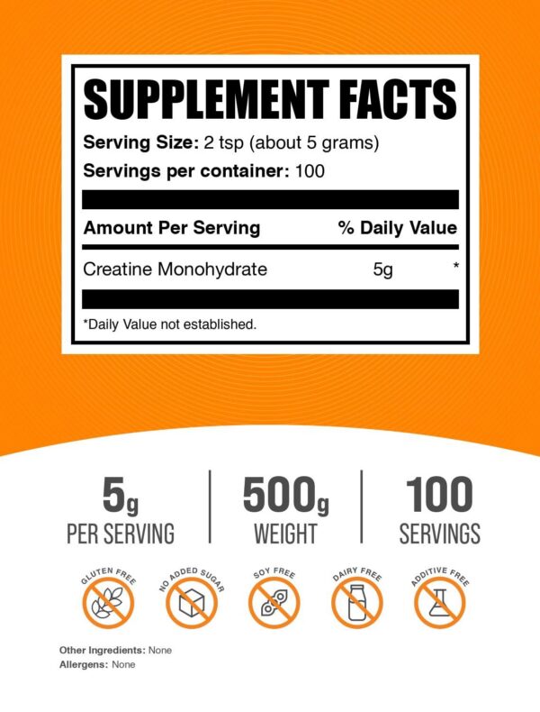 Version 1.0.0 Etiqueta del producto Creatina BulkSupplements en plano