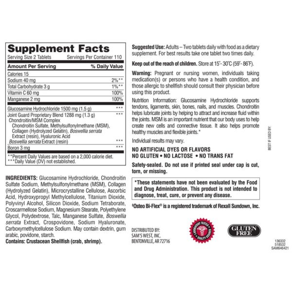Etiqueta y caja de Member's Mark glucosamina condroitina