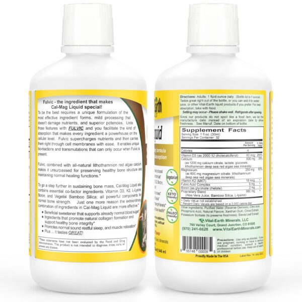 Version 1.0.0 Etiqueta de Cal Mag Líquido Vital Earth mostrando ingredientes