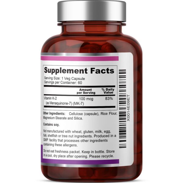 Etiqueta y cápsulas del suplemento biophix vitamina K-2 alta potencia