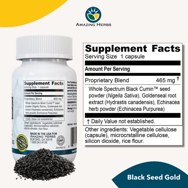 Version 1.0.0 Etiqueta y cápsulas del suplemento Black Seed Gold Amazing Herbs