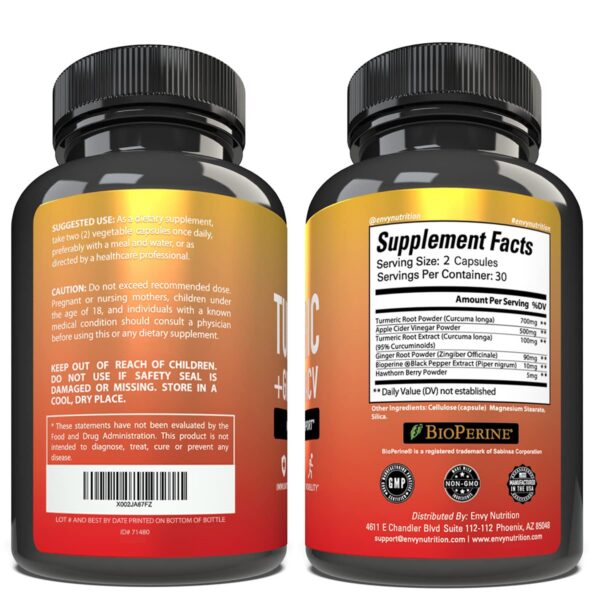 Etiqueta cápsulas cúrcuma y jengibre Envy Nutrition detalles