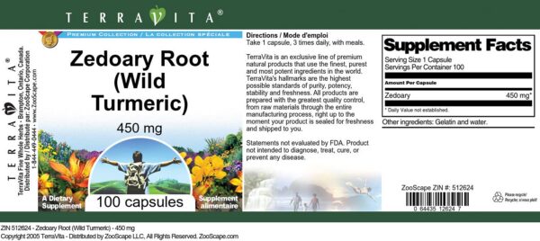 Etiqueta frasco raíz de zedoaria cápsulas TerraVita