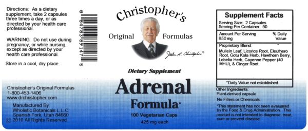 Etiqueta Christopher's Adrenal Formula para manejo natural de cortisol