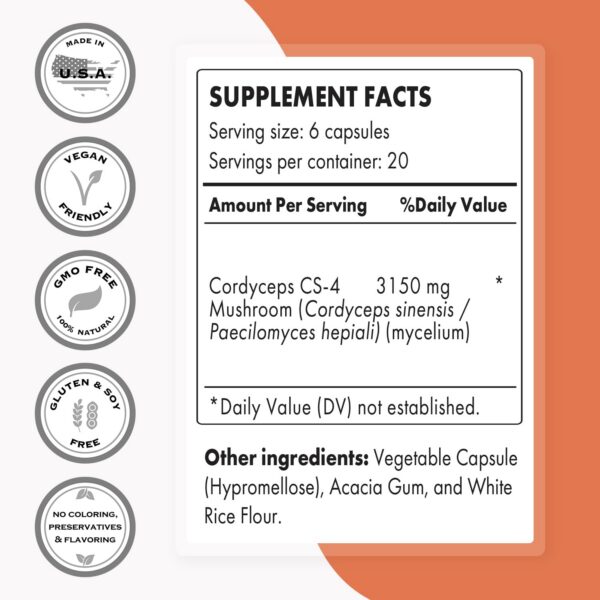 Etiqueta de Cordyceps Cs-4 con detalles nutricionales