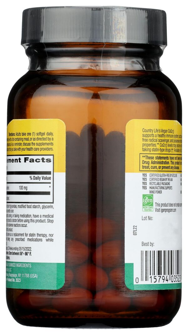 Etiqueta Country Life CoQ10 que muestra certificación sin gluten y vegano