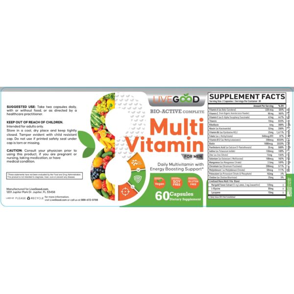 Etiqueta detallada suplemento vitamínico LiveGood para hombres vegano