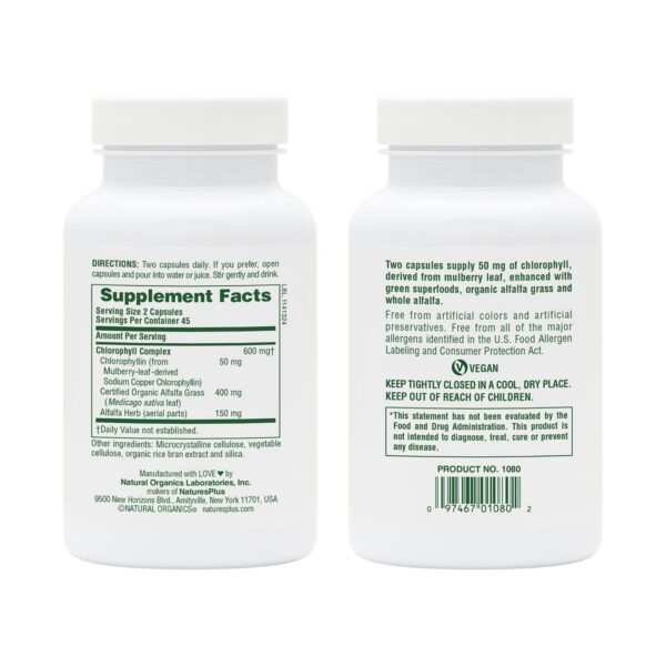 Etiqueta y detalle cápsulas Natures Plus clorofila complejo