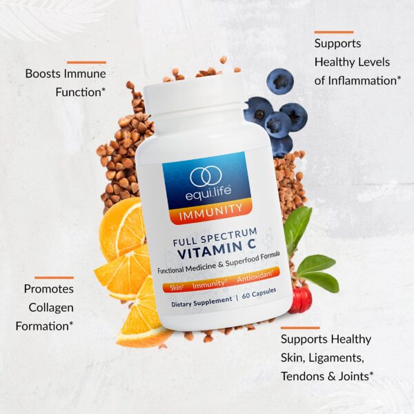 Etiqueta y detalle suplemento Equilife vitamina C 60 cápsulas