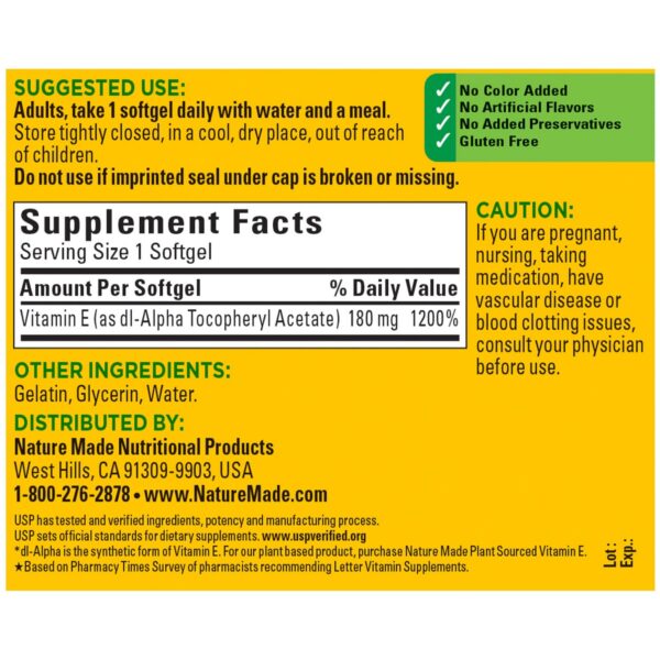 Version 1.0.0 Etiqueta y detalles suplemento Vitamina E Nature Made 180 caps