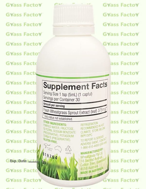 Version 1.0.0 Etiqueta Dr Wheatgrass Supershots con información nutricional