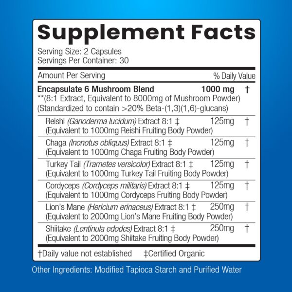 Version 1.0.0 Etiqueta ENCAPSULATE suplemento hongos con certificación GRAS