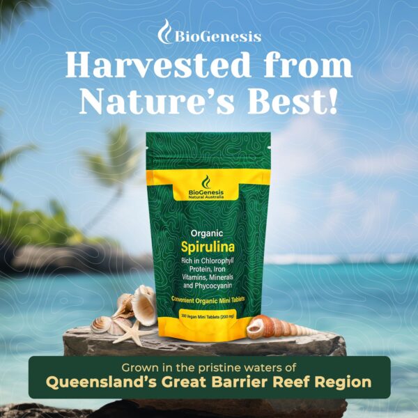 Etiqueta del envase de espirulina orgánica Biogenesis