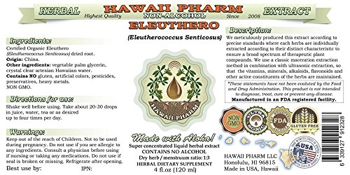 Etiqueta extracto Eleuthero orgánico sin alcohol Hawaii Pharm
