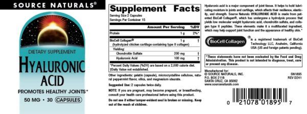 Etiqueta del frasco de ácido hialurónico Source Naturals