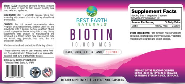 Etiqueta frasco Best Earth Naturals Biotina cápsulas