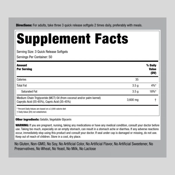Detalle etiqueta frasco cápsulas aceite MCT Piping Rock