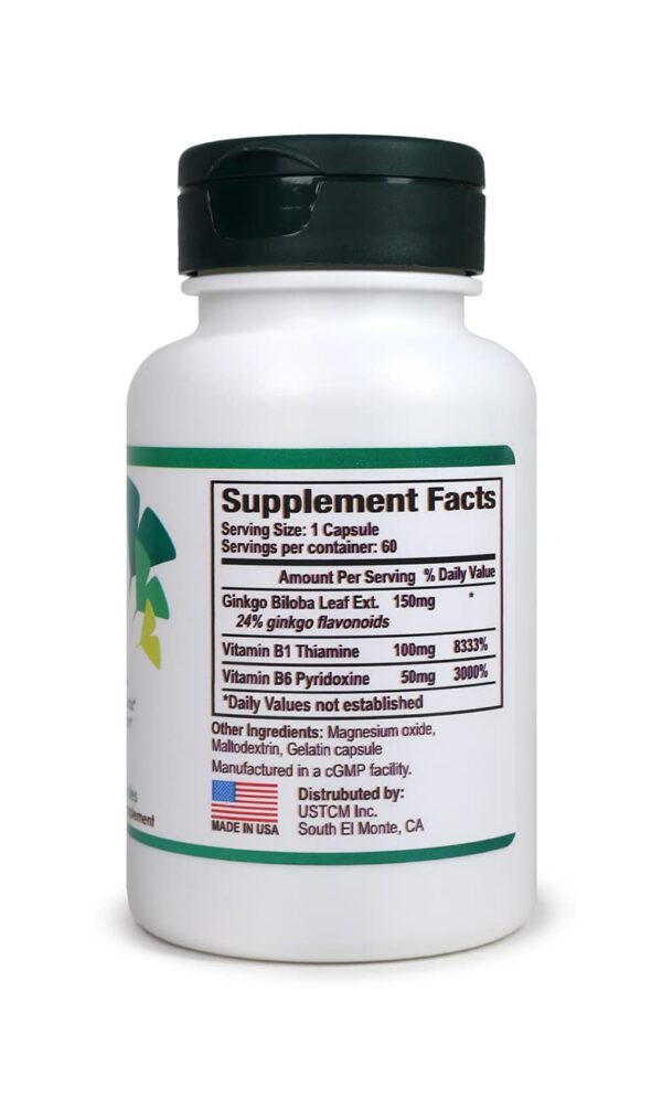 Etiqueta frasco suplemento Ginkgo Biloba USTCM 1 cápsula diaria