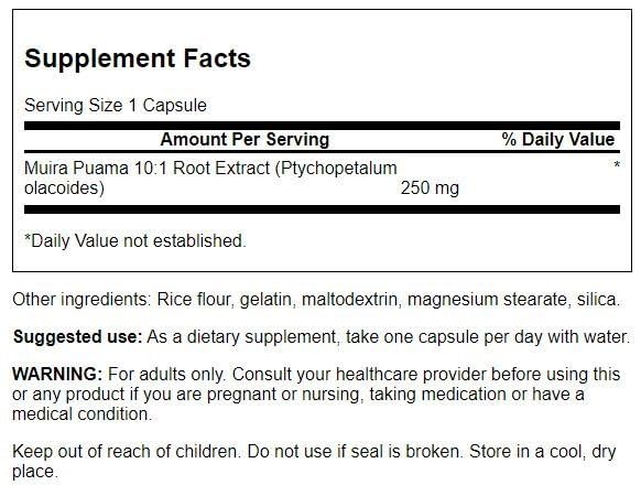 Etiqueta y frasco del suplemento tradicional Muira Puama Swanson