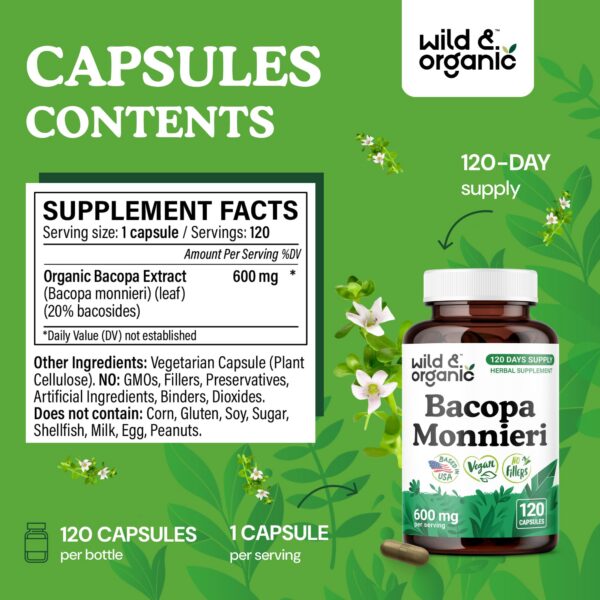 Etiqueta frasco Wild & Organic Bacopa Monnieri 120 cápsulas veganas