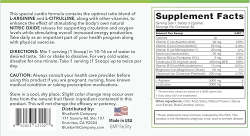 Etiqueta frontal del producto BlueEarth L-Arginina y L-Citrulina