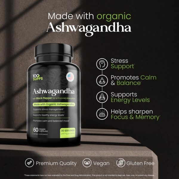 Etiqueta frontal suplemento Ashwagandha 100 Supps con pimienta