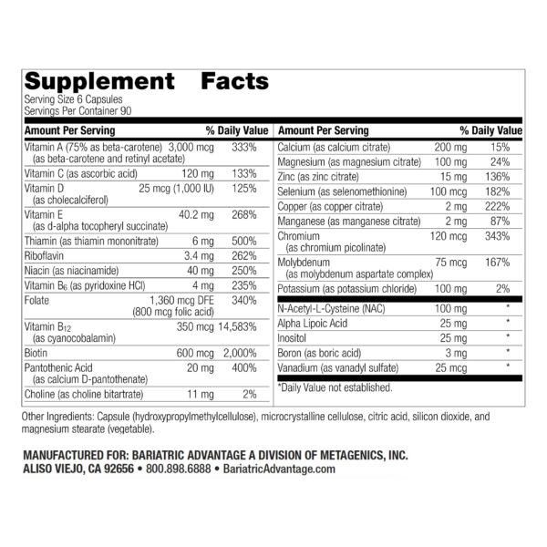 Etiqueta frontal Bariatric Advantage multivitamínico