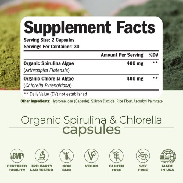 Etiqueta frontal cápsulas espirulina y chlorella orgánicas
