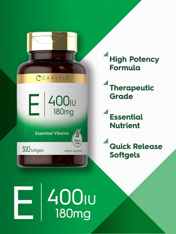 Etiqueta frontal Carlyle vitamina e 400 ui suplemento 300 cápsulas