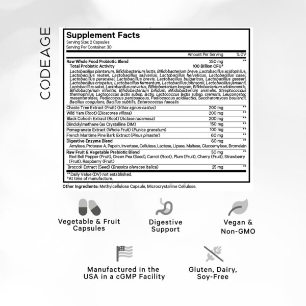 Etiqueta frontal Codeage probiótico crudo mujeres