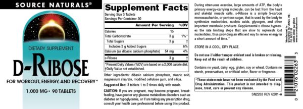 Etiqueta frontal D-Ribosa Source Naturals 90 tabletas suplemento