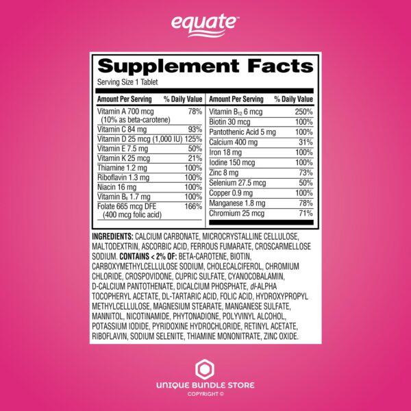 Etiqueta frontal multivitamínico Equate mujeres 100 tabletas
