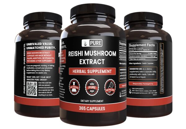 Etiqueta frontal y datos Extracto de Hongo Reishi PURE ORIGINAL