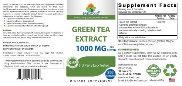 Etiqueta frontal del extracto de té verde Brieofood 1000 mg