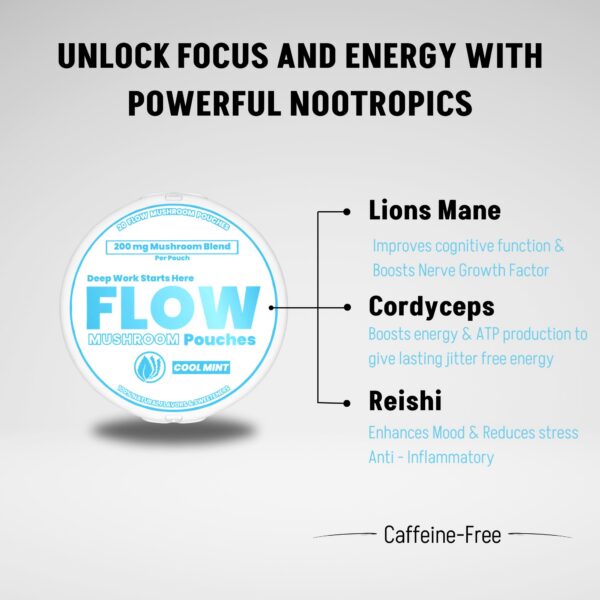 Etiqueta frontal FlowPouches hongos medicinales