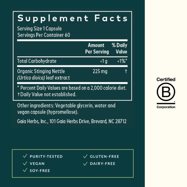 Etiqueta frontal Gaia Herbs hoja de ortiga urente 225 mg por cápsula
