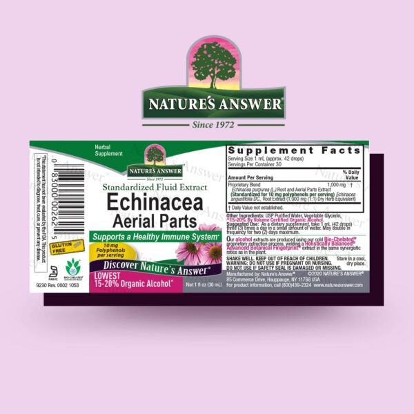 Version 1.0.0 Etiqueta frontal gotas equinácea Nature's Answer baja alcohol orgánico