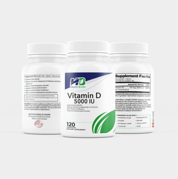 Version 1.0.0 Etiqueta frontal Health Bloom vitamina D3 alta potencia 5000 IU