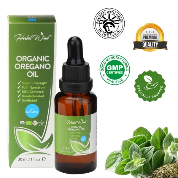 Version 1.0.0 Etiqueta frontal aceite de orégano Herbal Wind orgánico