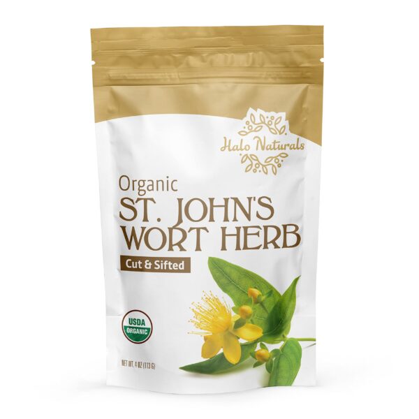 Etiqueta frontal hipérico orgánico Halo Naturals 4 onzas