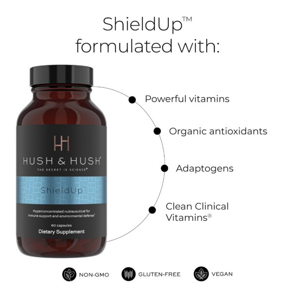 Etiqueta frontal Hush & Hush ShieldUp suplemento energético e inmune