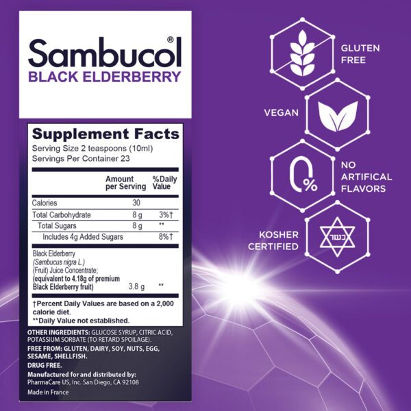 Etiqueta frontal de jarabe de saúco negro Sambucol 230 ml