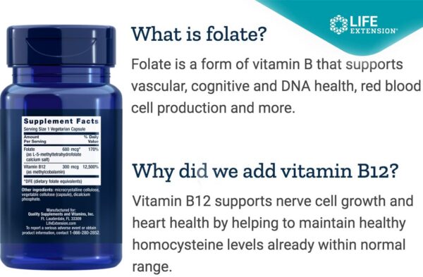 Etiqueta frontal Life Extension folato y vitamina B12