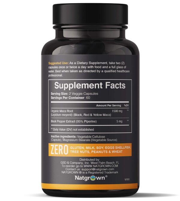 Etiqueta frontal suplemento de maca Natgrown 1500 mg 120 capsulas
