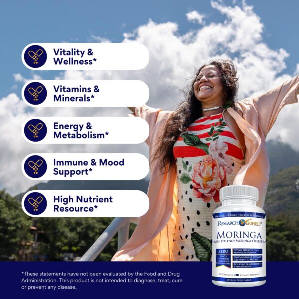 Etiqueta frontal del producto Research Verified Moringa Oleifera