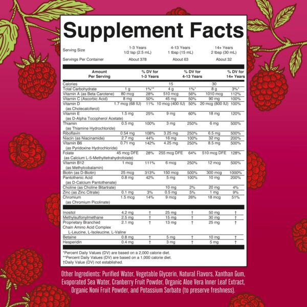 Version 1.0.0 Close up botella multivitamínico líquido MaryRuth frambuesa