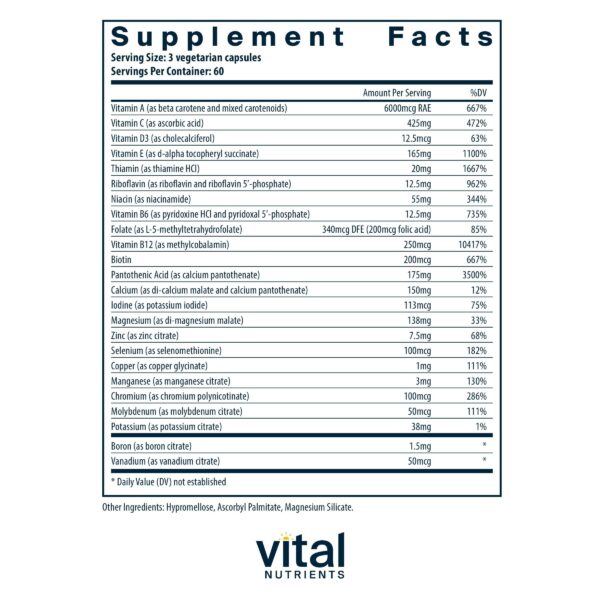 Etiqueta frontal multivitamínico Vital Nutrients fórmula citrato y malato