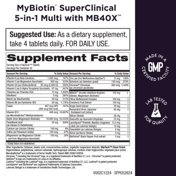 Etiqueta frontal MyBiotin SuperClinical multivitaminico para piel cabello y uñas