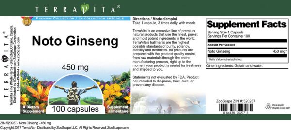 Etiqueta frontal NOTO Ginseng 450 mg TerraVita